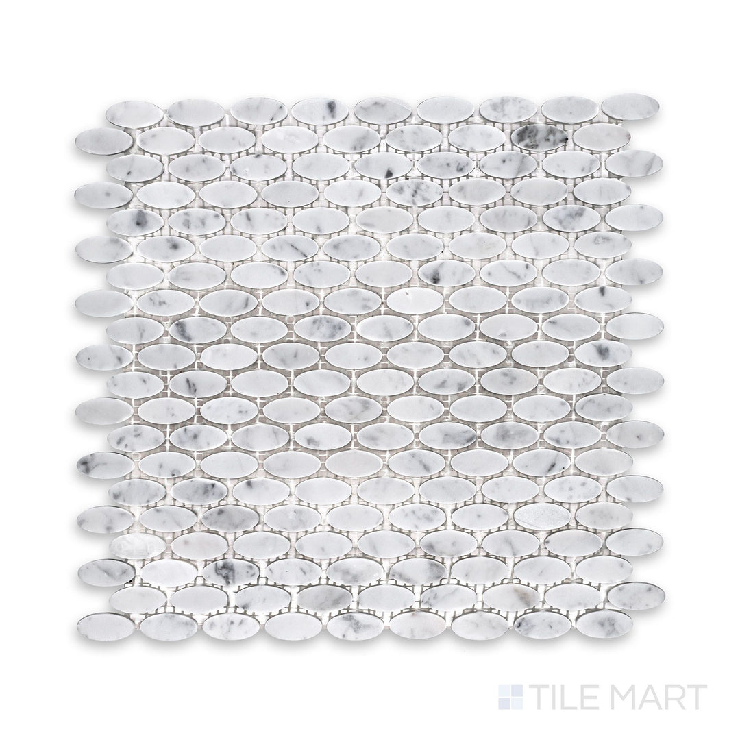 Complete view of White Carrara Marble oval honed mosaic showing soft matte marble ovals arranged in an elegant flowing pattern