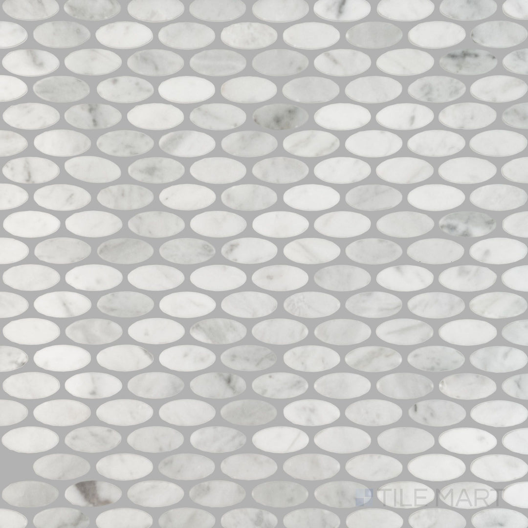 Top-down view of White Carrara Marble oval polished mosaic, featuring bright glossy marble ovals for smooth and modern surfaces