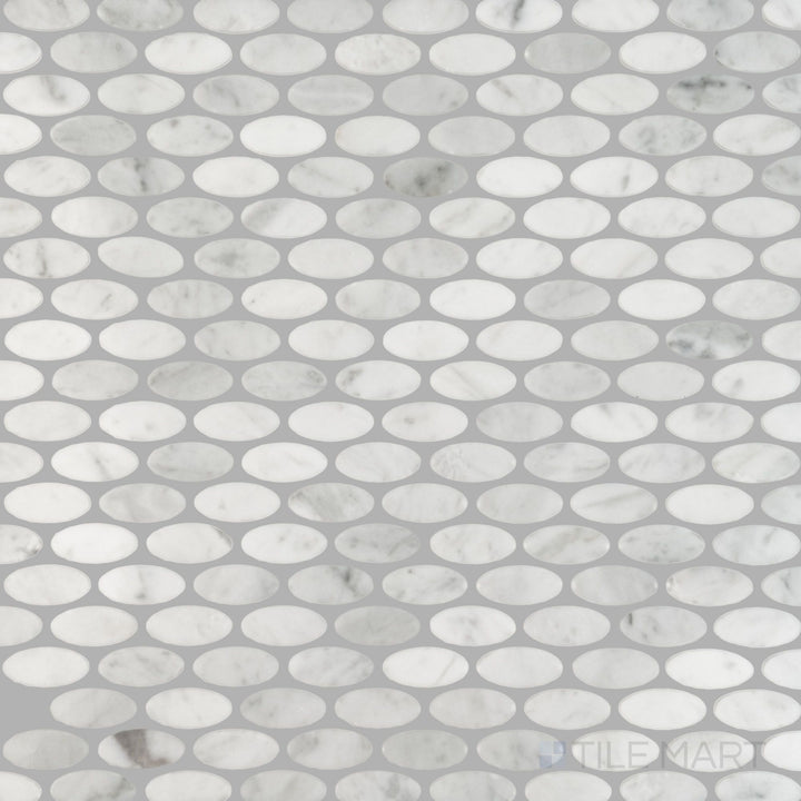 Top-down view of White Carrara Marble oval polished mosaic, featuring bright glossy marble ovals for smooth and modern surfaces