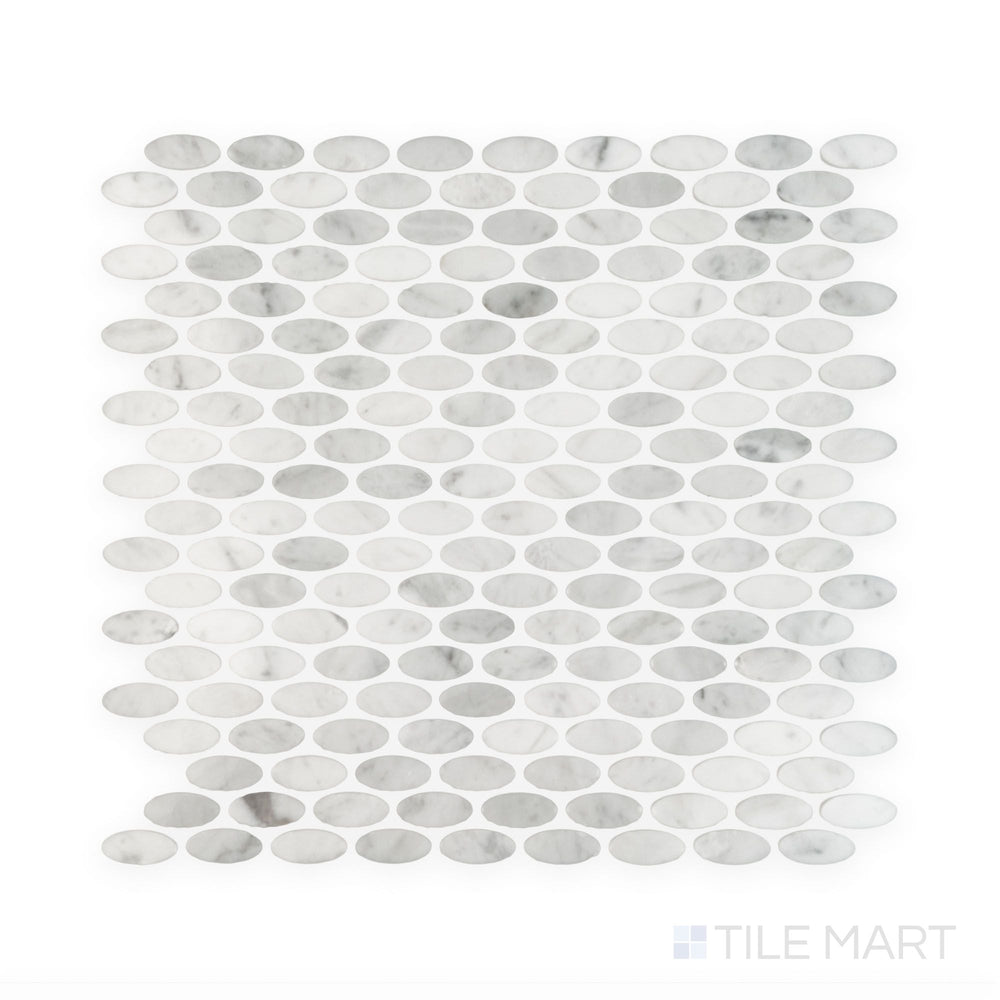 Full view of White Carrara Marble oval polished mosaic highlighting glossy marble ovals arranged for a sleek and modern design