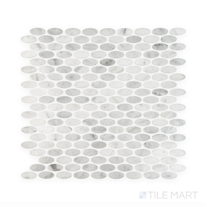 Full view of White Carrara Marble oval polished mosaic highlighting glossy marble ovals arranged for a sleek and modern design
