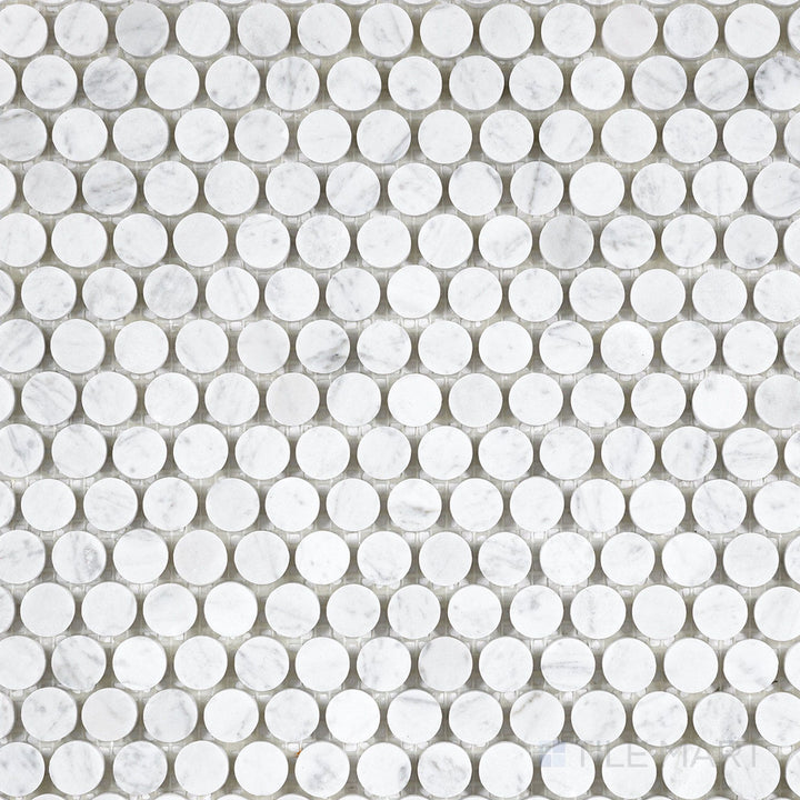 Flat overhead image showing White Carrara Marble penny round honed mosaic, displaying small matte marble circles arranged in a playful grid