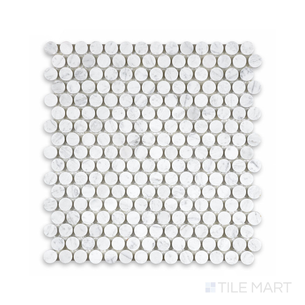 Full view from above of White Carrara Marble penny round honed mosaic showing matte marble circles in a classic dotted layout