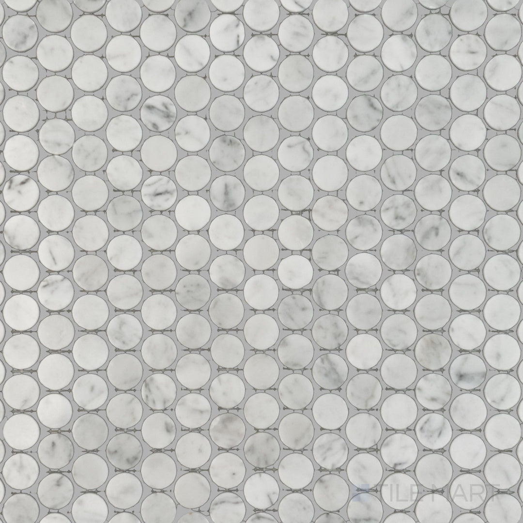 Top view of White Carrara Marble penny round polished mosaic, highlighting glossy marble rounds set in a classic and lively pattern