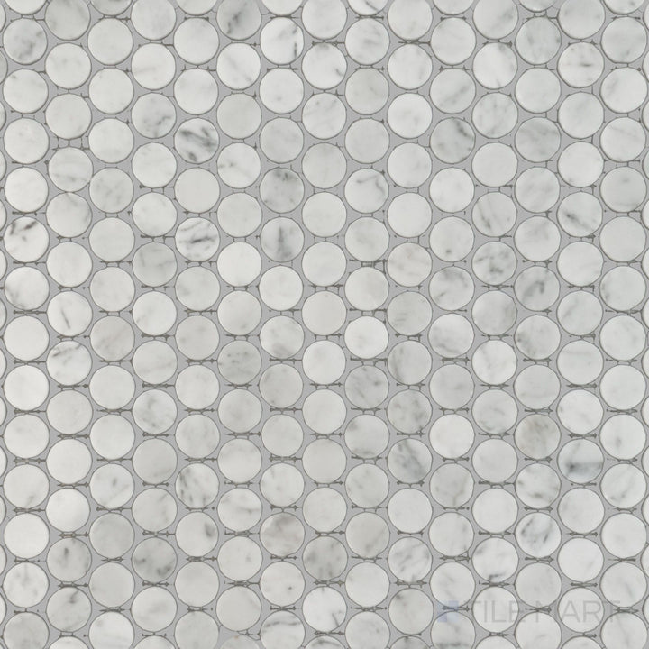 Top view of White Carrara Marble penny round polished mosaic, highlighting glossy marble rounds set in a classic and lively pattern