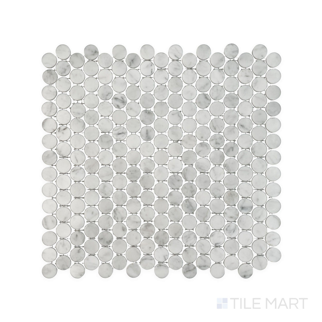 Complete view of White Carrara Marble penny round polished mosaic featuring glossy round marble tiles arranged in a playful pattern
