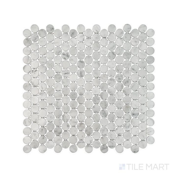 Complete view of White Carrara Marble penny round polished mosaic featuring glossy round marble tiles arranged in a playful pattern