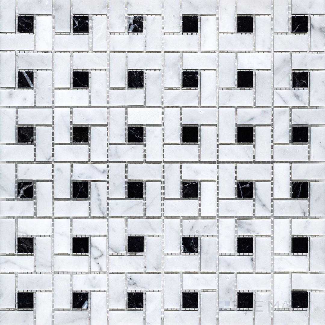 Overhead shot of White Carrara Marble pinwheel honed mosaic tiles, featuring small soft-finish marble pieces arranged in a pinwheel design