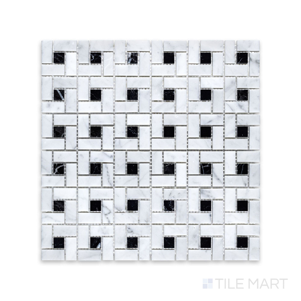 Overview of White Carrara Marble pinwheel honed mosaic showcasing soft-finish marble tiles forming a timeless pinwheel design