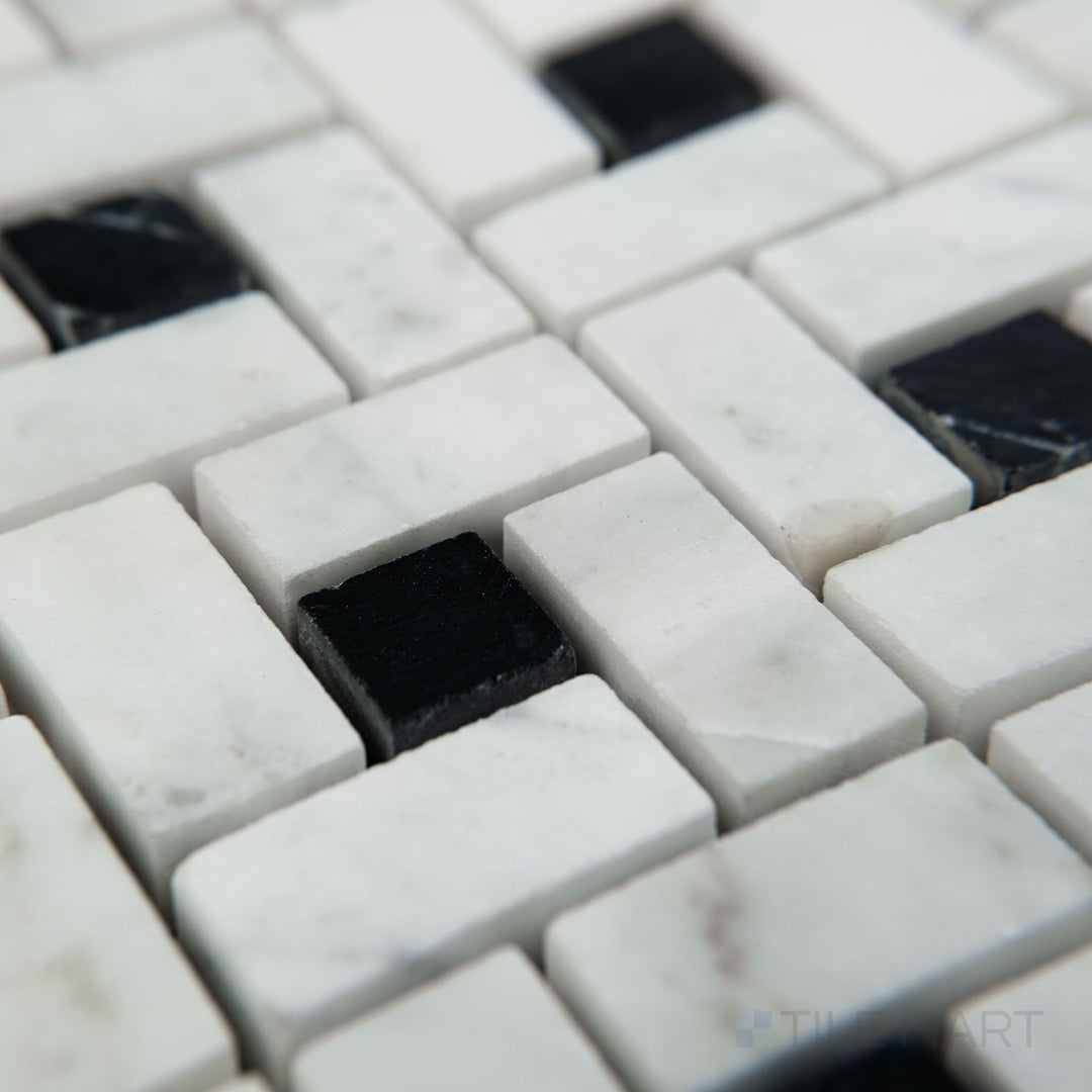 Corner view of White Carrara Marble pinwheel honed mosaic featuring a soft matte marble pattern resembling classic pinwheel shapes