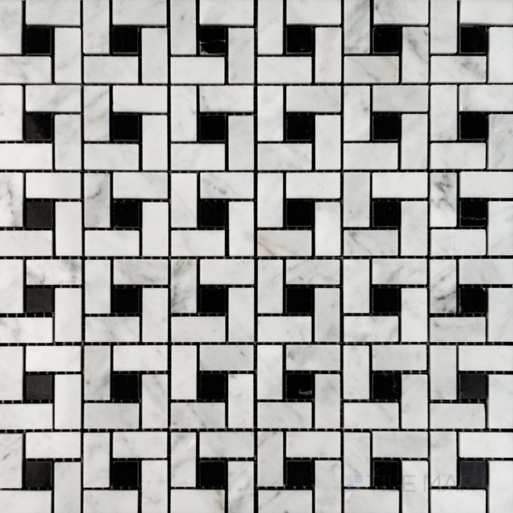 Flat lay of White Carrara Marble pinwheel polished mosaic, showcasing shiny marble tile pieces spinning out in a decorative geometric layout