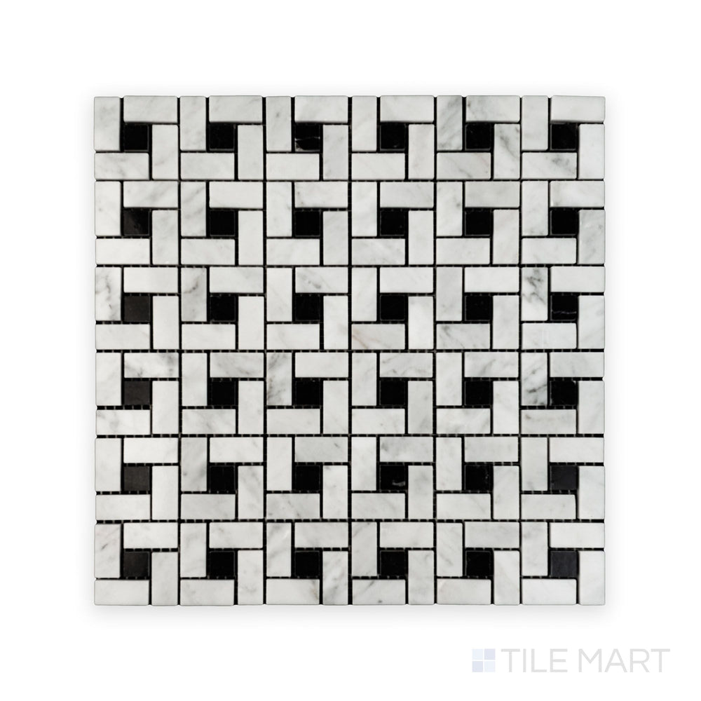 Full view of White Carrara Marble pinwheel polished mosaic displaying shiny marble tiles laid out in an intricate geometric pattern