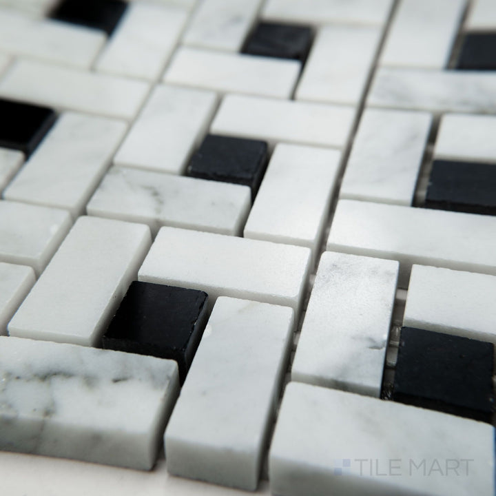 Angled view of White Carrara Marble pinwheel polished mosaic displaying shiny marble tiles forming dynamic pinwheel-like designs
