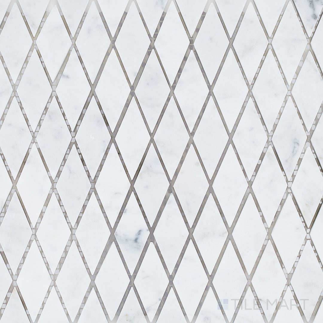 Top-down image of White Carrara Marble rhomboid honed mosaic, featuring matte diamond-shaped marble tiles creating a dynamic wall or floor texture