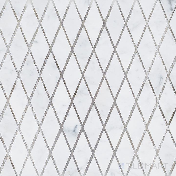 Top-down image of White Carrara Marble rhomboid honed mosaic, featuring matte diamond-shaped marble tiles creating a dynamic wall or floor texture