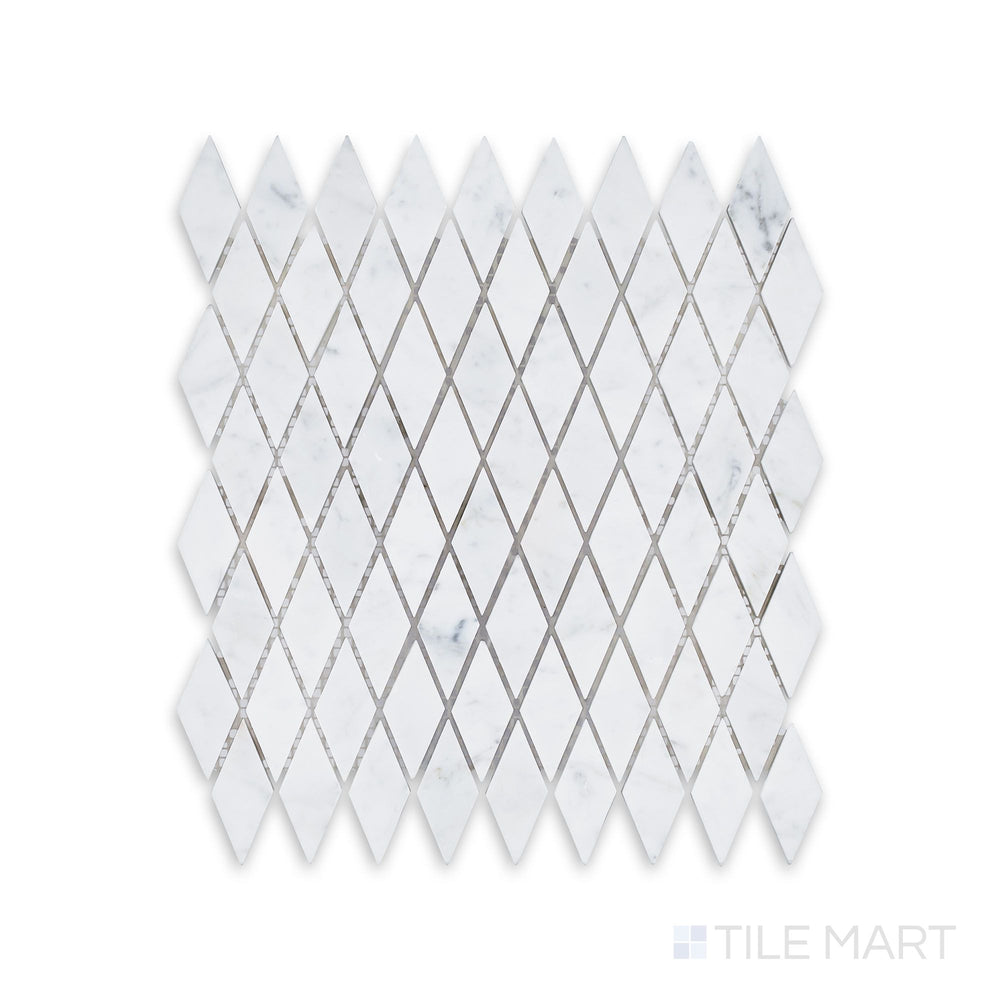 Full view from above of White Carrara Marble rhomboid honed mosaic highlighting diamond-shaped matte marble tiles arranged in a dynamic layout