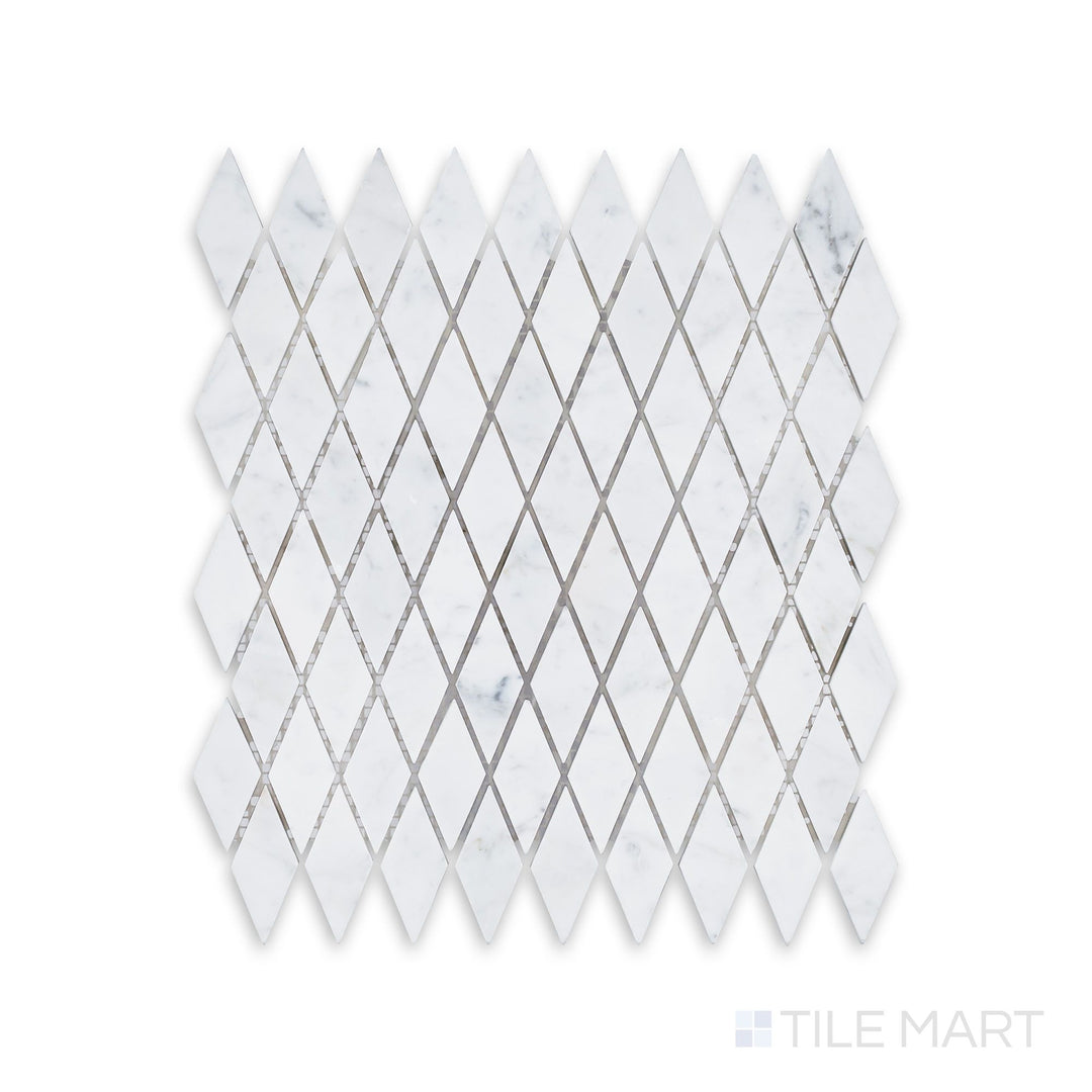 Full view from above of White Carrara Marble rhomboid honed mosaic highlighting diamond-shaped matte marble tiles arranged in a dynamic layout