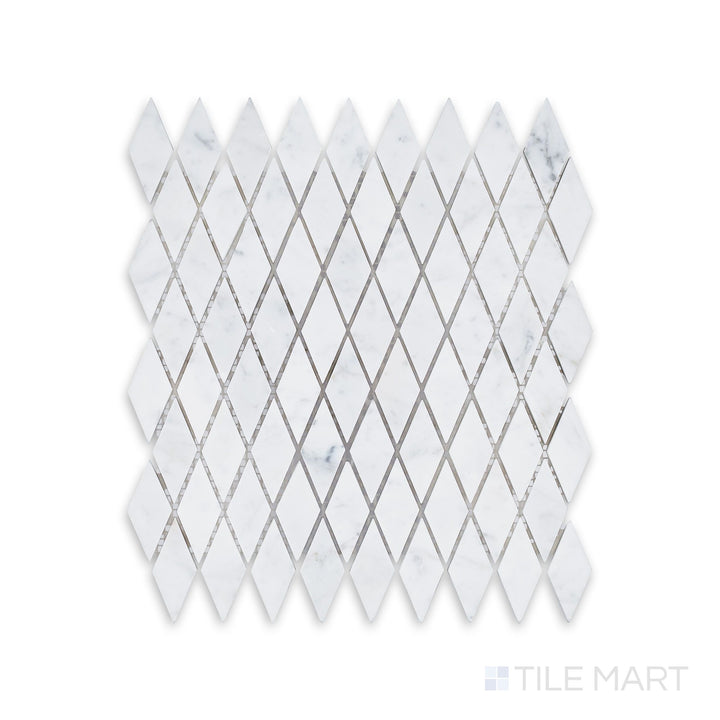 Full view from above of White Carrara Marble rhomboid honed mosaic highlighting diamond-shaped matte marble tiles arranged in a dynamic layout