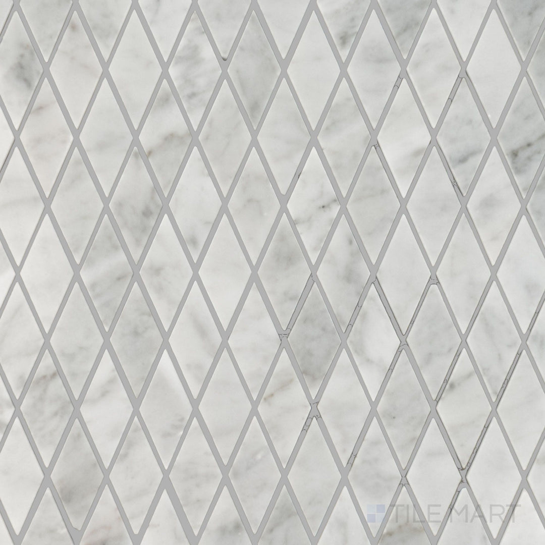 Overhead perspective of White Carrara Marble rhomboid polished mosaic, highlighting bright reflective marble diamonds in a stylish pattern