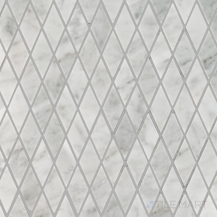 Overhead perspective of White Carrara Marble rhomboid polished mosaic, highlighting bright reflective marble diamonds in a stylish pattern