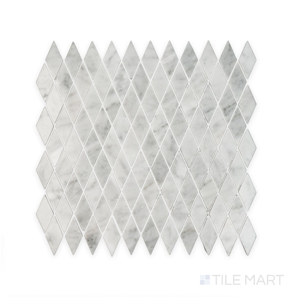 Complete view of White Carrara Marble rhomboid polished mosaic featuring glossy diamond-shaped marble tiles arranged in a stylish pattern