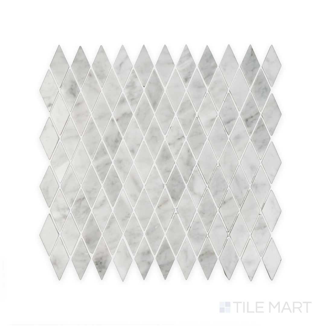 Complete view of White Carrara Marble rhomboid polished mosaic featuring glossy diamond-shaped marble tiles arranged in a stylish pattern