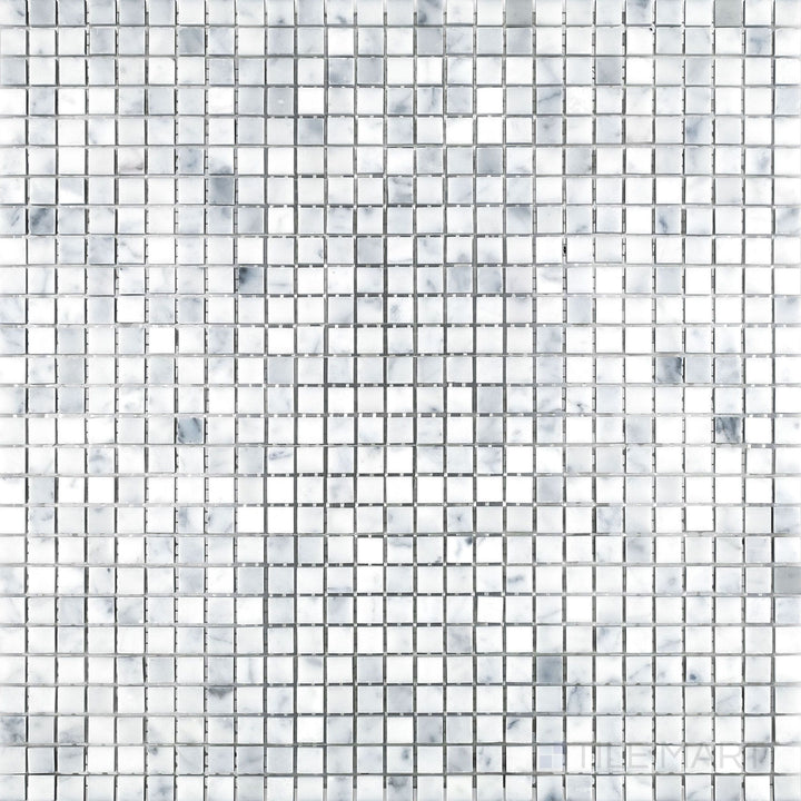 Flat top view of White Carrara Marble 3/8" square honed mosaic, displaying fine matte marble squares neatly arranged in a grid