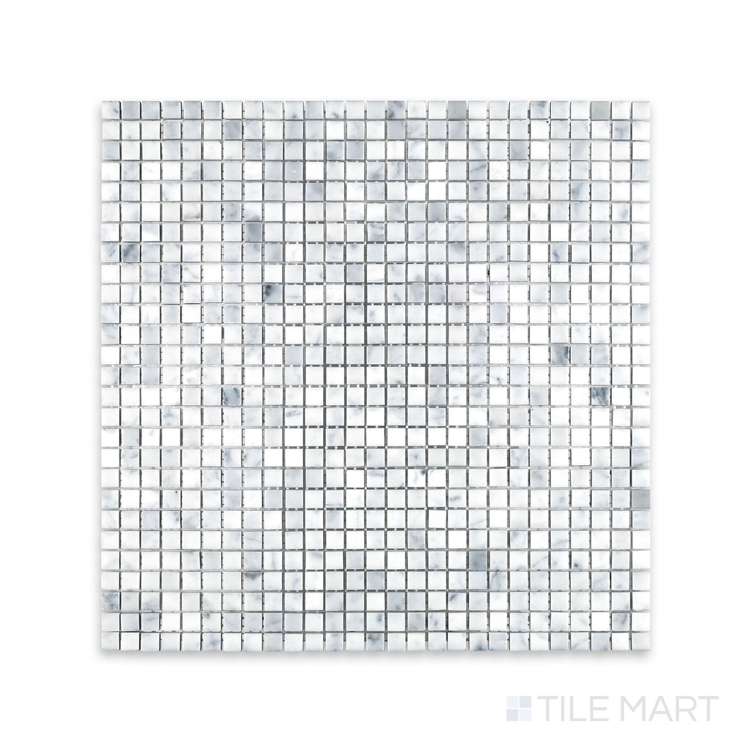 Overview of White Carrara Marble 3/8" square honed mosaic showing small matte marble squares set in a clean, modern grid layout