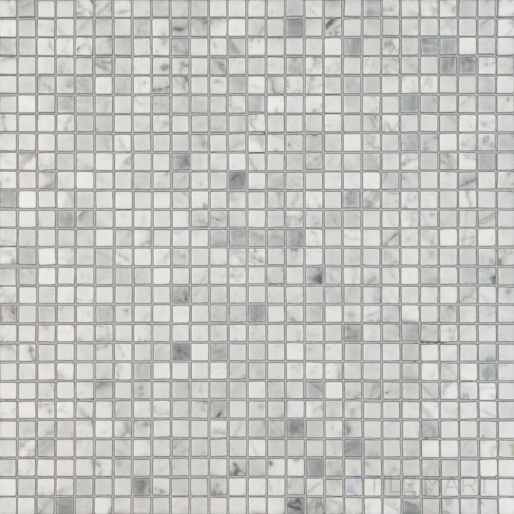 Top view of White Carrara Marble 3/8" square polished mosaic, featuring small glossy marble squares for elegant modern wall or floor applications