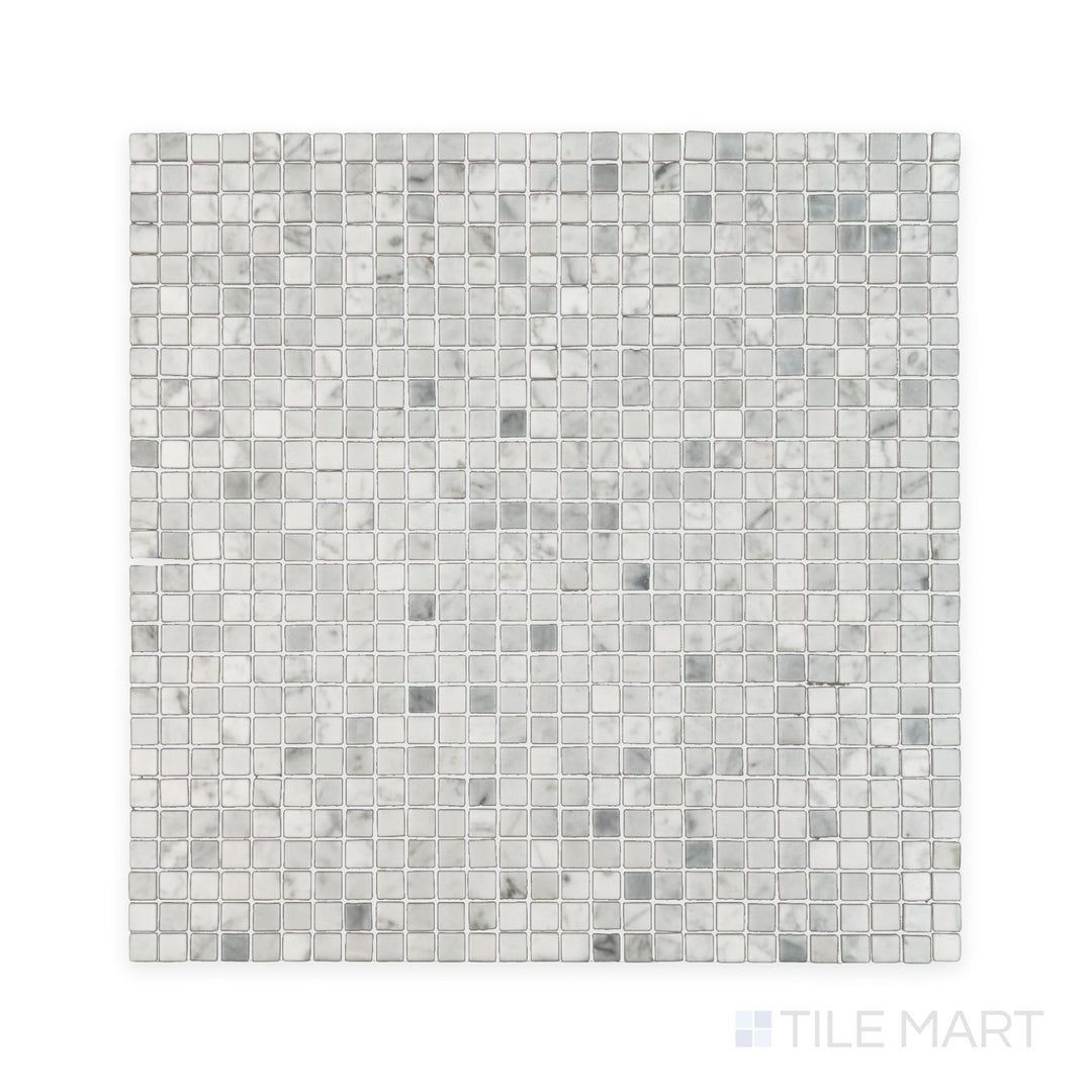 Full view of White Carrara Marble 3/8" square polished mosaic highlighting tiny glossy marble squares arranged for sleek wall or floor designs