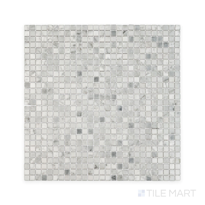 Full view of White Carrara Marble 3/8" square polished mosaic highlighting tiny glossy marble squares arranged for sleek wall or floor designs