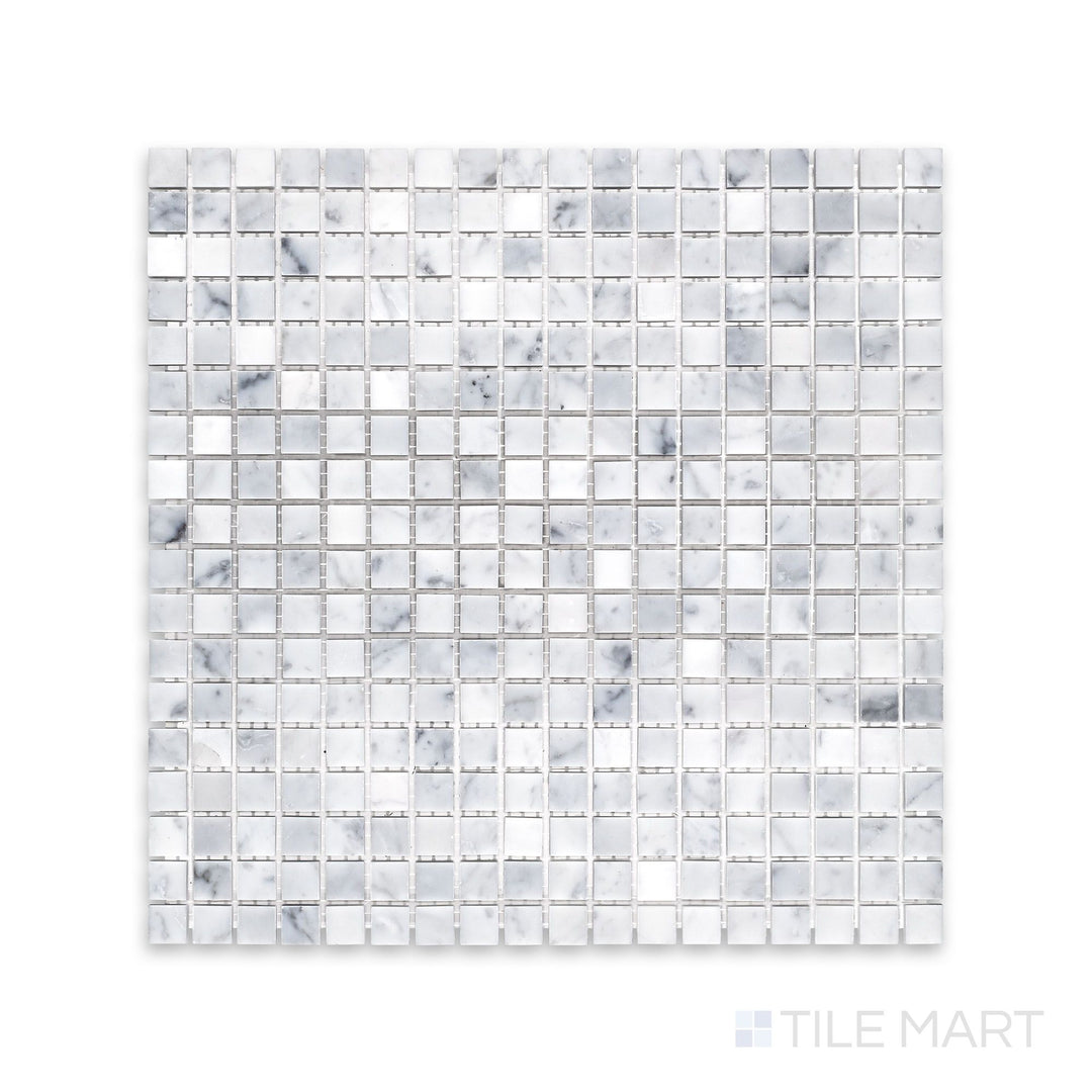 Complete view of White Carrara Marble 5/8" square honed mosaic showing soft-textured marble squares in a clean grid layout