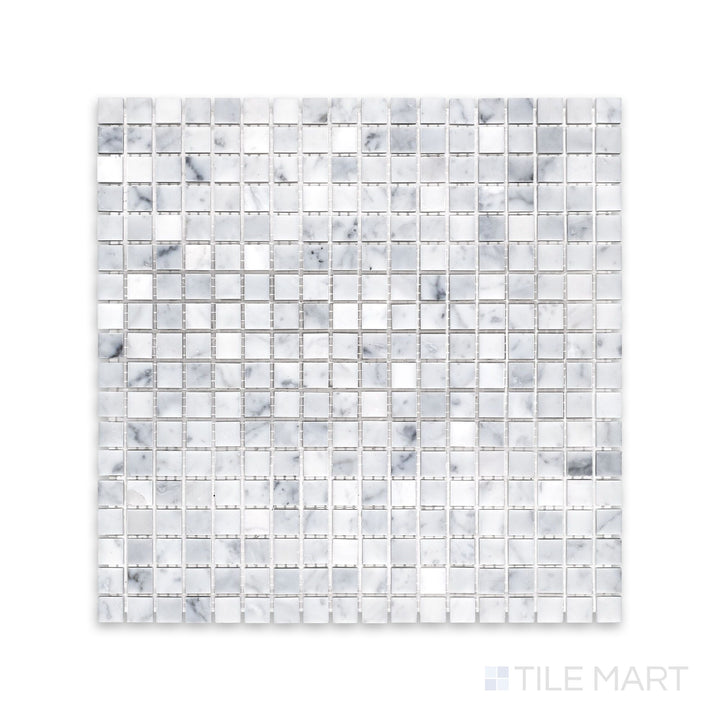 Complete view of White Carrara Marble 5/8" square honed mosaic showing soft-textured marble squares in a clean grid layout