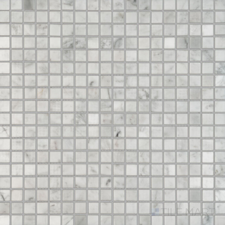 Overhead shot of White Carrara Marble 5/8" square polished mosaic, offering larger polished marble squares in a clean and luxurious layout