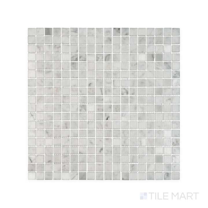 Full view from above of White Carrara Marble 5/8" square polished mosaic showcasing polished marble squares set in a bright structured pattern