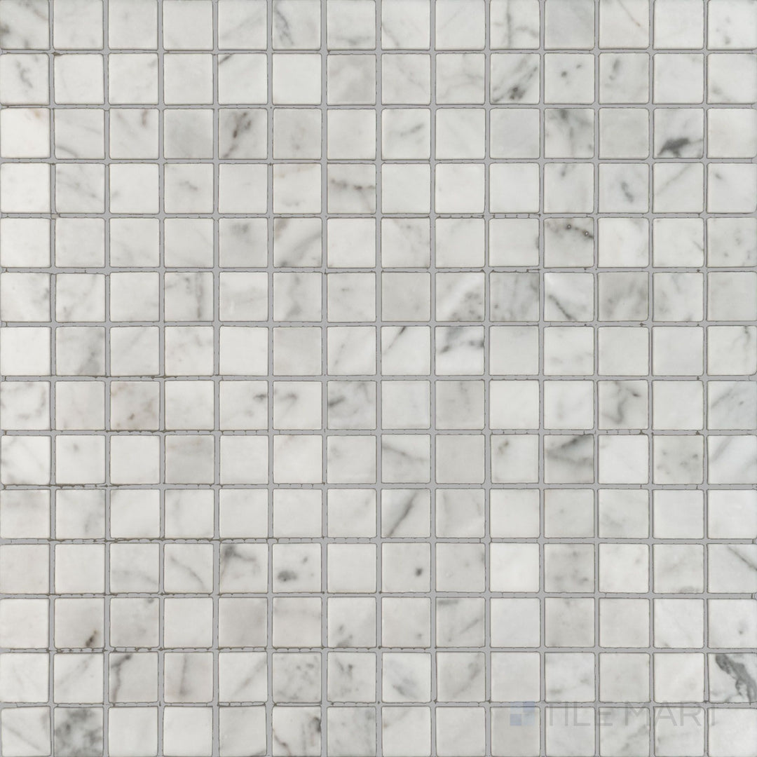 Top view of White Carrara Marble 3/4" square polished mosaic, highlighting glossy marble squares that create a bright, sleek surface