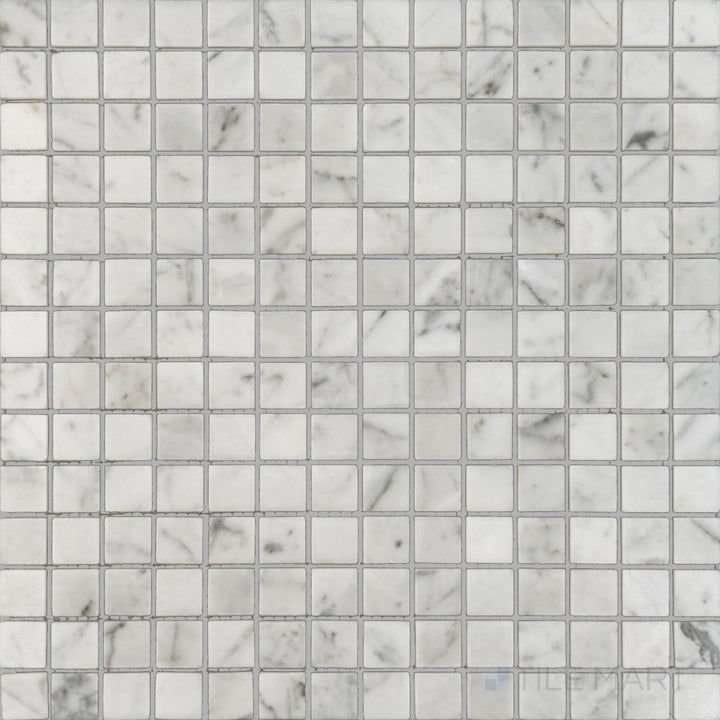 Top view of White Carrara Marble 3/4" square polished mosaic, highlighting glossy marble squares that create a bright, sleek surface