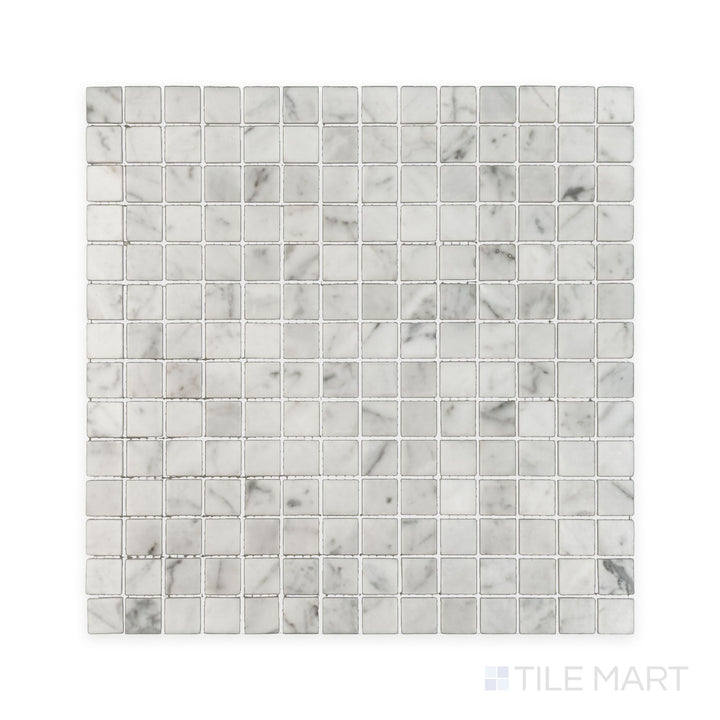 Full view from above of White Carrara Marble 3/4" square polished mosaic displaying glossy marble squares arranged in a neat, classic pattern