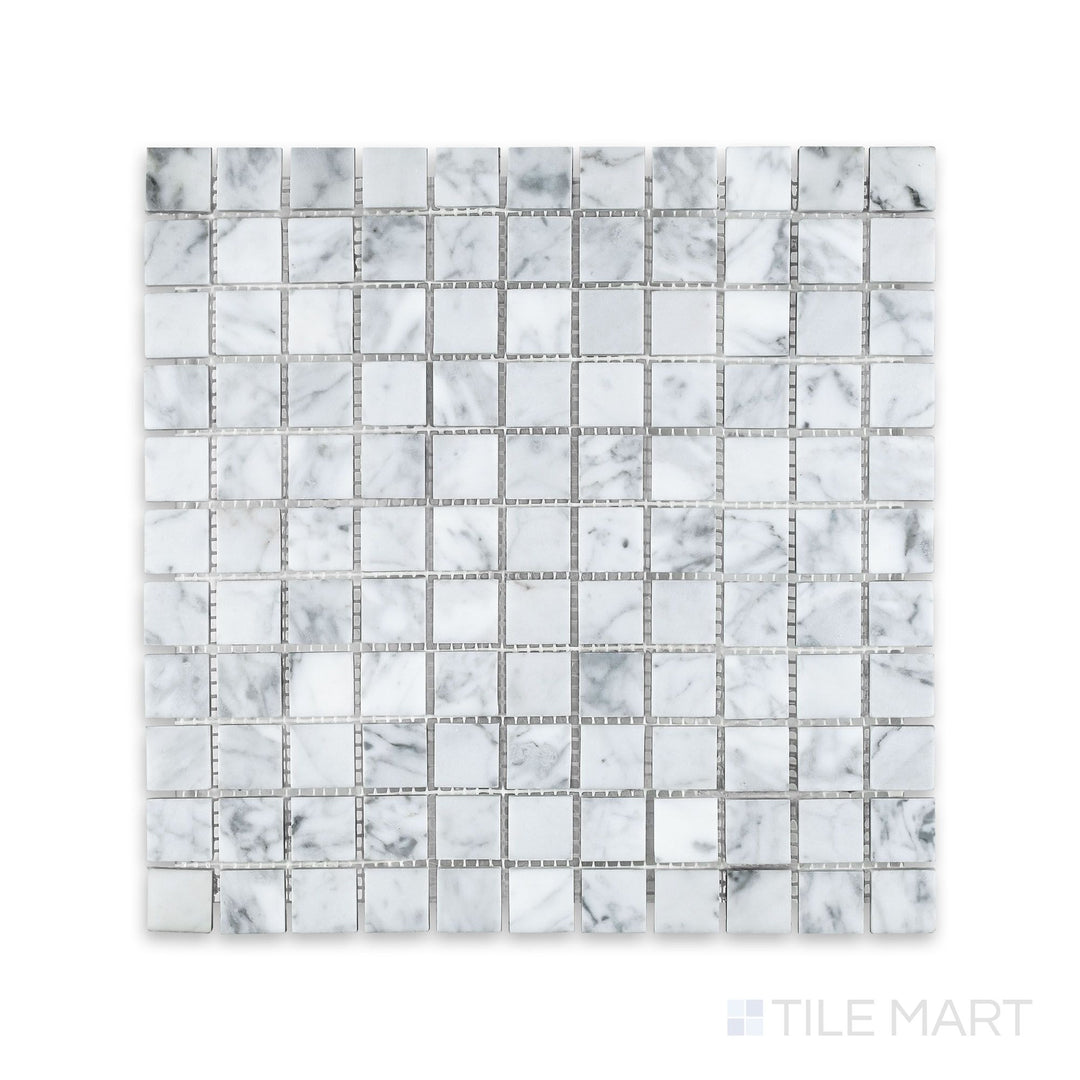 Complete view of White Carrara Marble 1" square honed mosaic showing small matte marble tiles arranged in a clean and classic grid