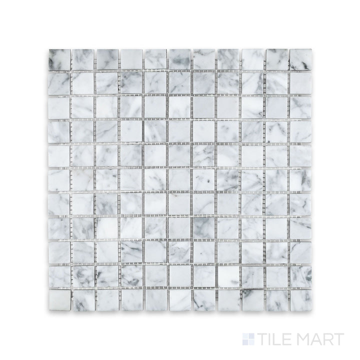 Complete view of White Carrara Marble 1" square honed mosaic showing small matte marble tiles arranged in a clean and classic grid
