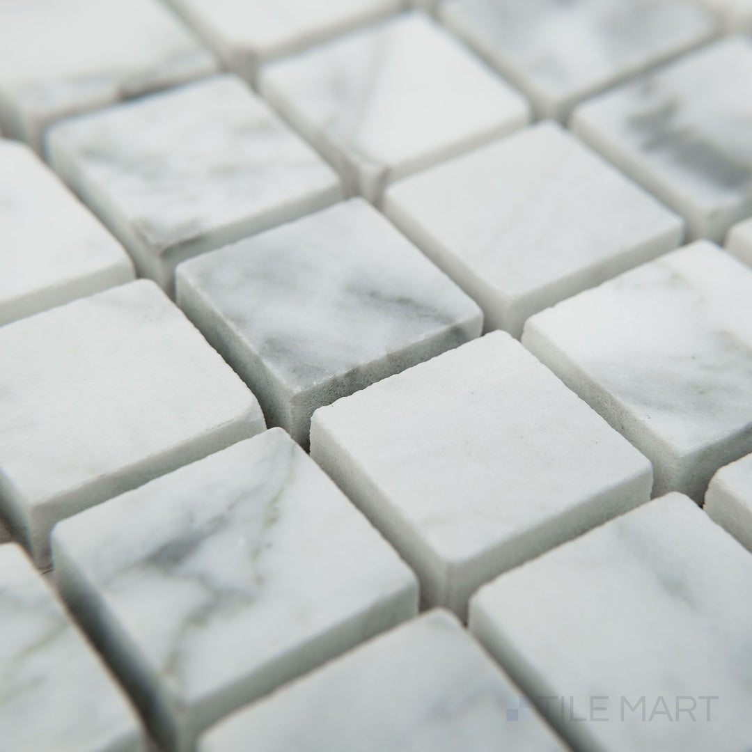 Corner view of White Carrara Marble 1" square honed mosaic featuring clean matte marble tiles arranged in a simple, elegant layout
