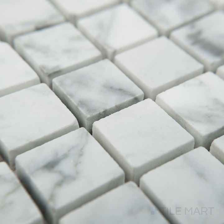 Corner view of White Carrara Marble 1" square honed mosaic featuring clean matte marble tiles arranged in a simple, elegant layout