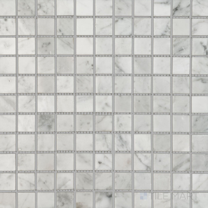 Flat lay of White Carrara Marble 1" square polished mosaic, featuring smooth, reflective marble squares perfect for elegant designs