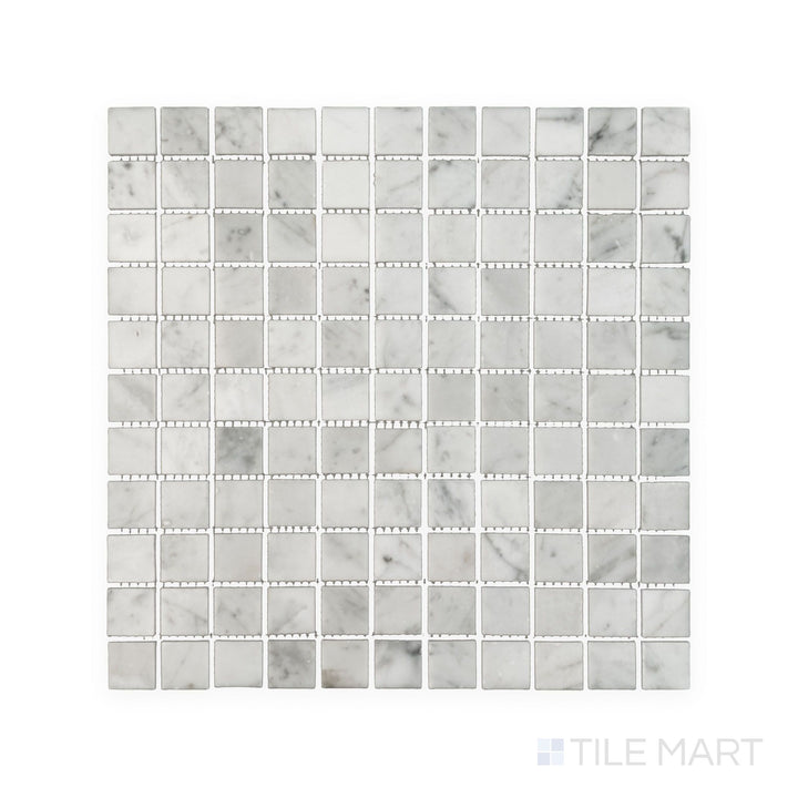 Overview of White Carrara Marble 1" square polished mosaic featuring glossy marble squares set in a crisp structured layout