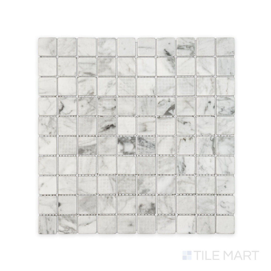 Full view of White Carrara Marble 1" square tumbled mosaic displaying softly textured marble squares for a rustic, natural appearance