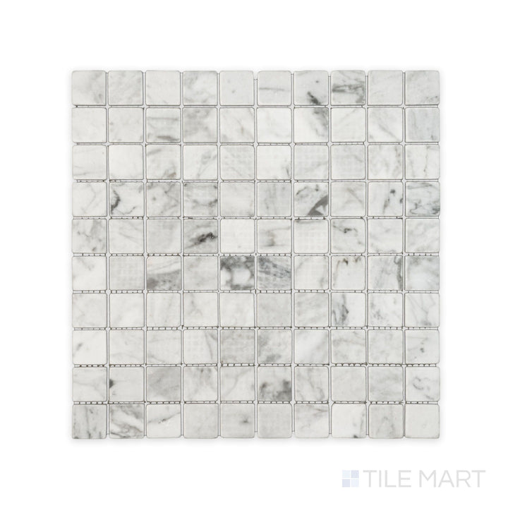 Full view of White Carrara Marble 1" square tumbled mosaic displaying softly textured marble squares for a rustic, natural appearance