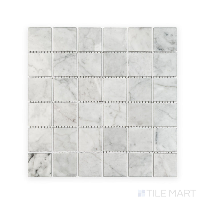 Complete view of White Carrara Marble 2" square polished mosaic featuring bright glossy marble squares for an elegant wall or floor design
