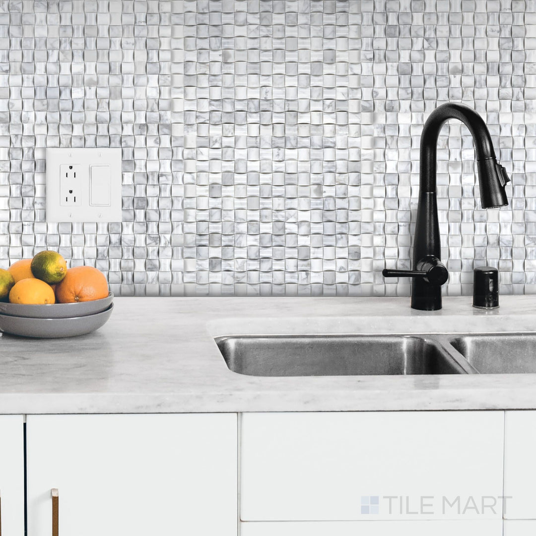 White Carrara Marble 3D Bread Polished Mosaic enhances the scene with dimensional luxury and polished sophistication