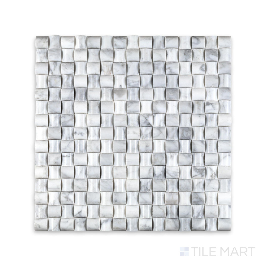 Full view of White Carrara Marble 3D bread polished mosaic highlighting textured dimensional marble tiles with a sleek polished surface
