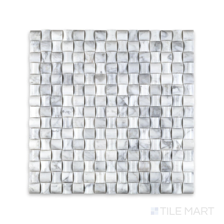 Full view of White Carrara Marble 3D bread polished mosaic highlighting textured dimensional marble tiles with a sleek polished surface